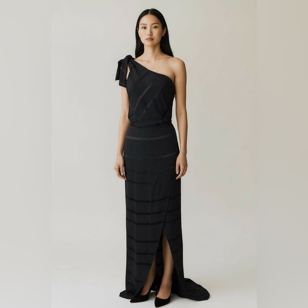 Nicole Miller Collection NWT One Shoulder Bow Evening Floor Length Gown Size 6